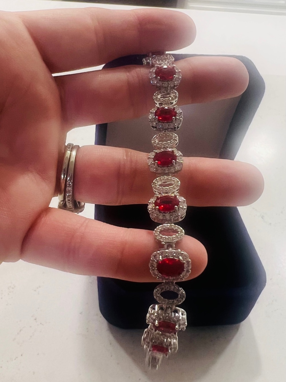 STAINLESS Cubic Zirconia Bracelet with Red and White Stones- 6 inches